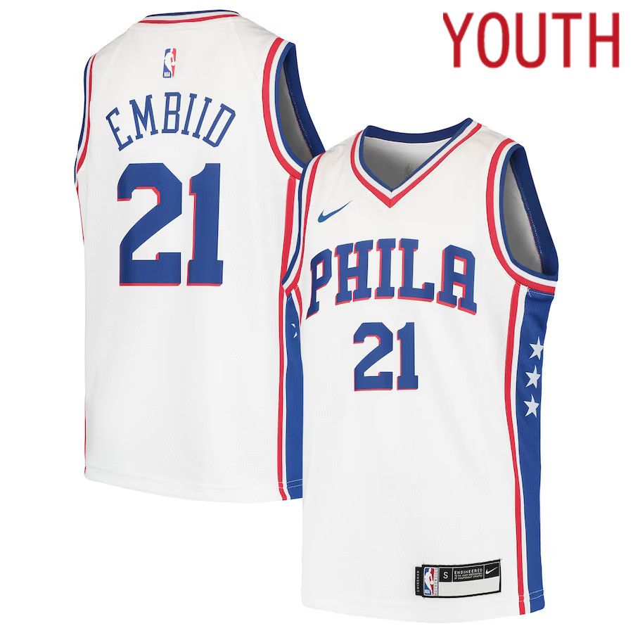 Youth Philadelphia 76ers #21 Joel Embiid Nike White Swingman NBA Jersey